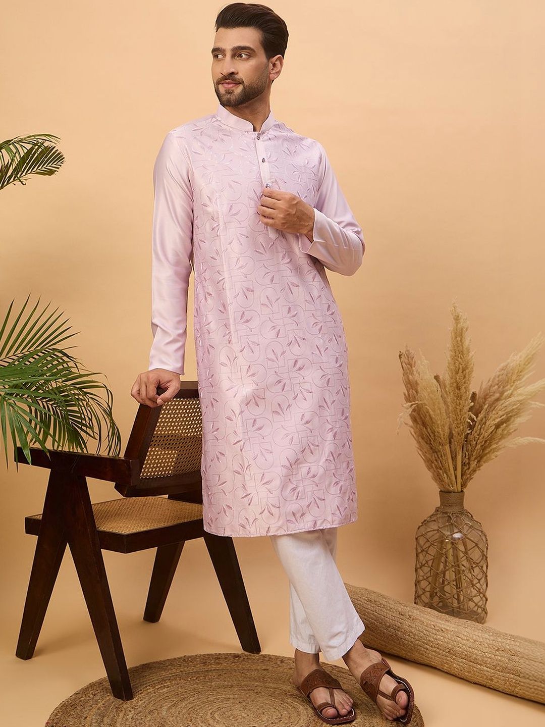 Ethnic Bay Men Lavender Silk Blend Solid Embroidered Straight Kurta With Pant Set-MKSET1447