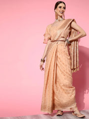 Women's Cotton Blend Cream Woven Design Celebrity Saree With Blouse Piece-3VMIKA3002