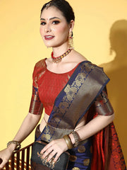 Women's Cotton Blend Grey Woven Design Designer Saree With Blouse Piece-VIHANA87204