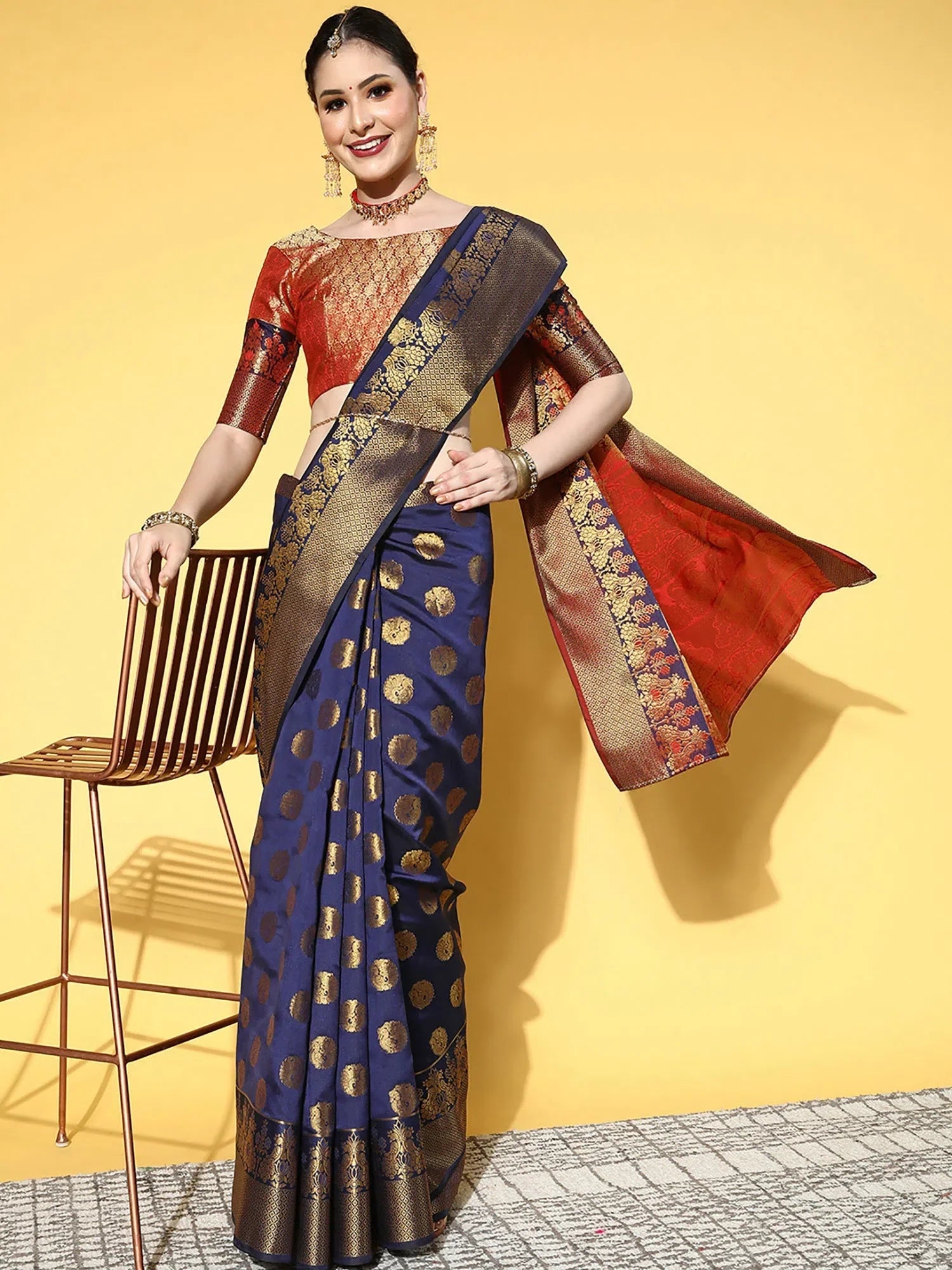 Navy Blue Woven Design Indian Saree - Designer Sarees India