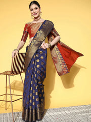 Women's Cotton Blend Grey Woven Design Designer Saree With Blouse Piece-VIHANA87204