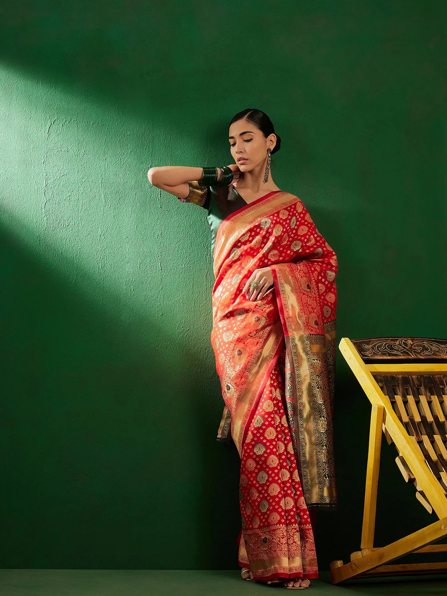 Red Woven Design Indian Sari - Polyester Saree for Women