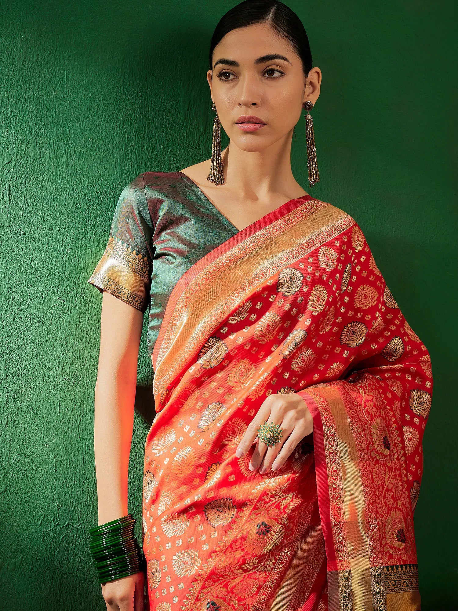 Red Woven Design Indian Sari - Polyester Saree for Women