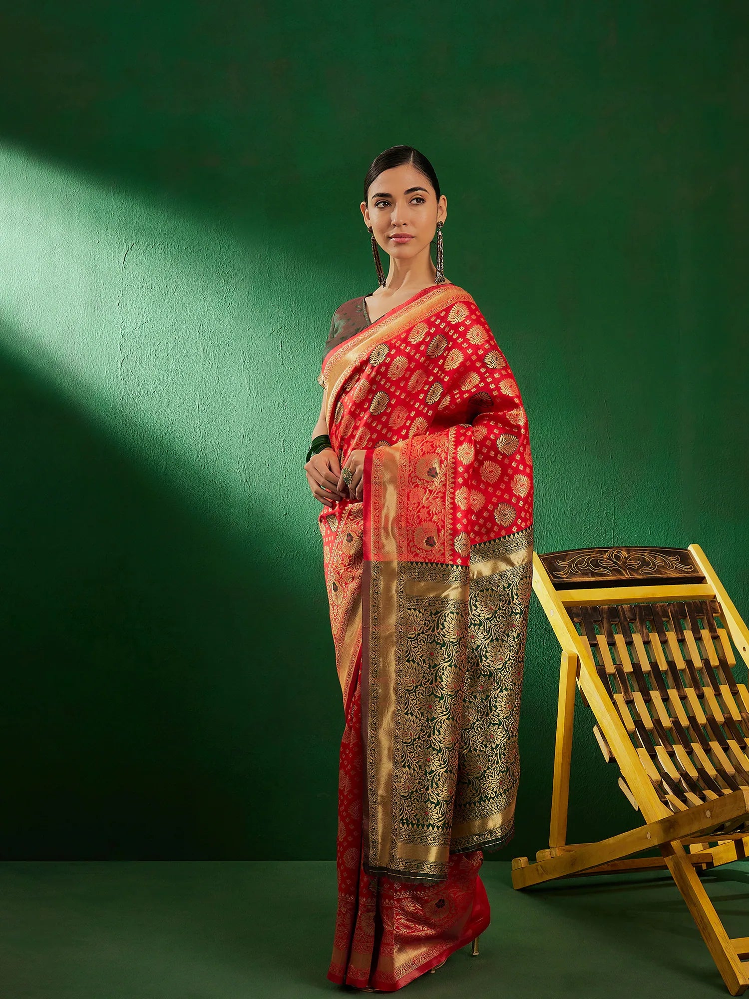 Red Woven Design Indian Sari - Polyester Saree for Women