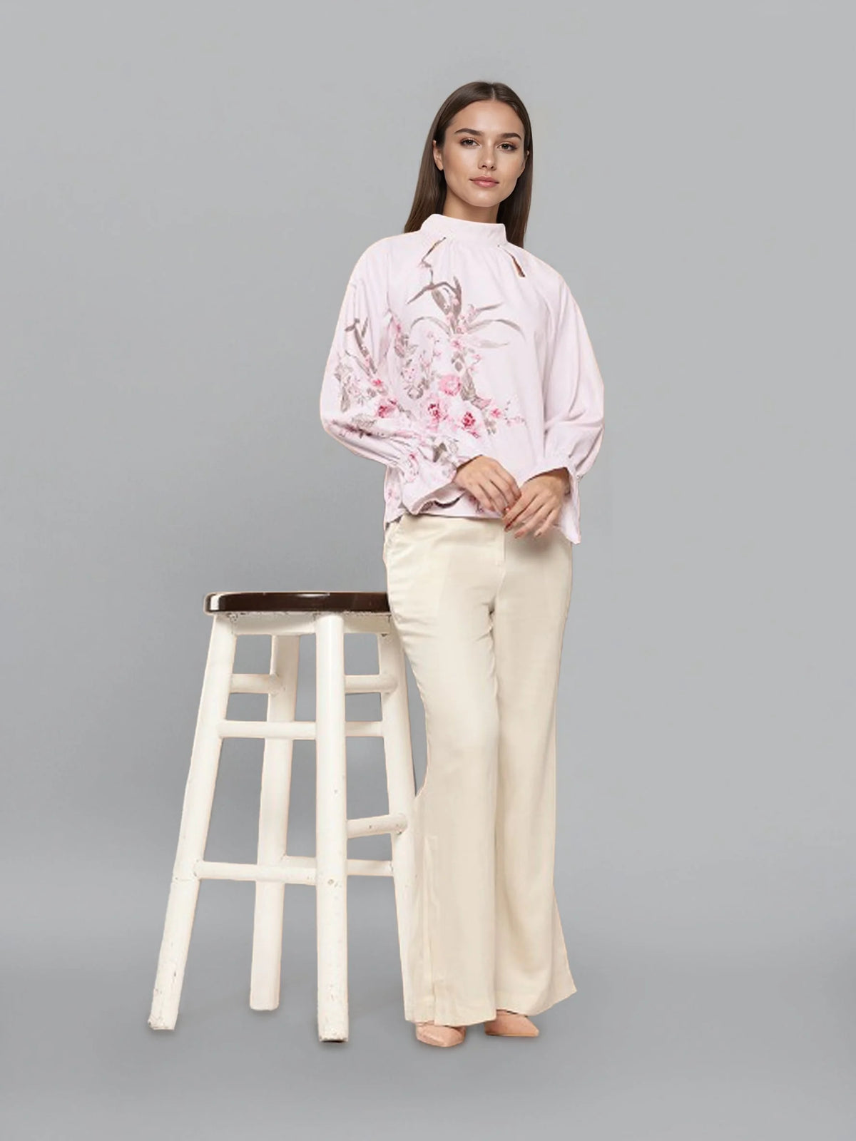 Rosah Women Light Pink High Neck Printed Smart Casual Top-RSTPPDSTDP-07