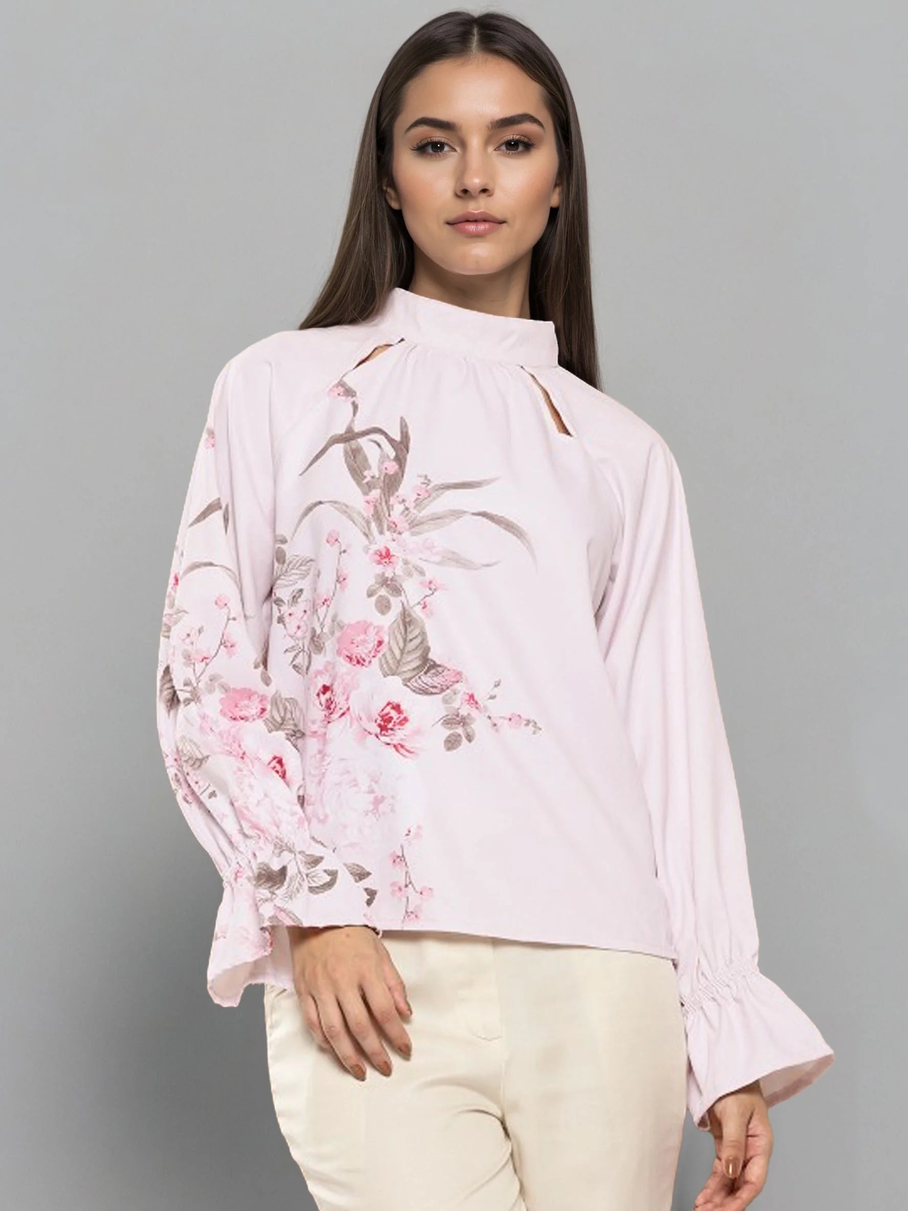 Rosah Women Light Pink High Neck Printed Smart Casual Top-RSTPPDSTDP-07