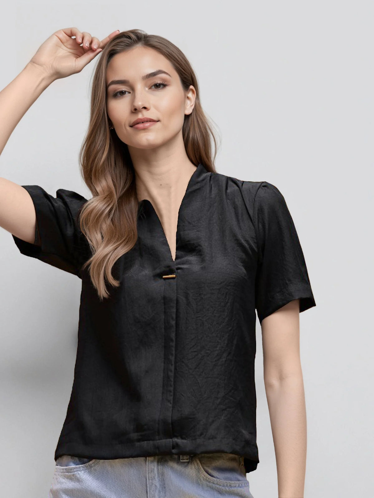 Rosah Women Black V-Neck Dyed Smart Casual Top-RSTPPDSTDY-01