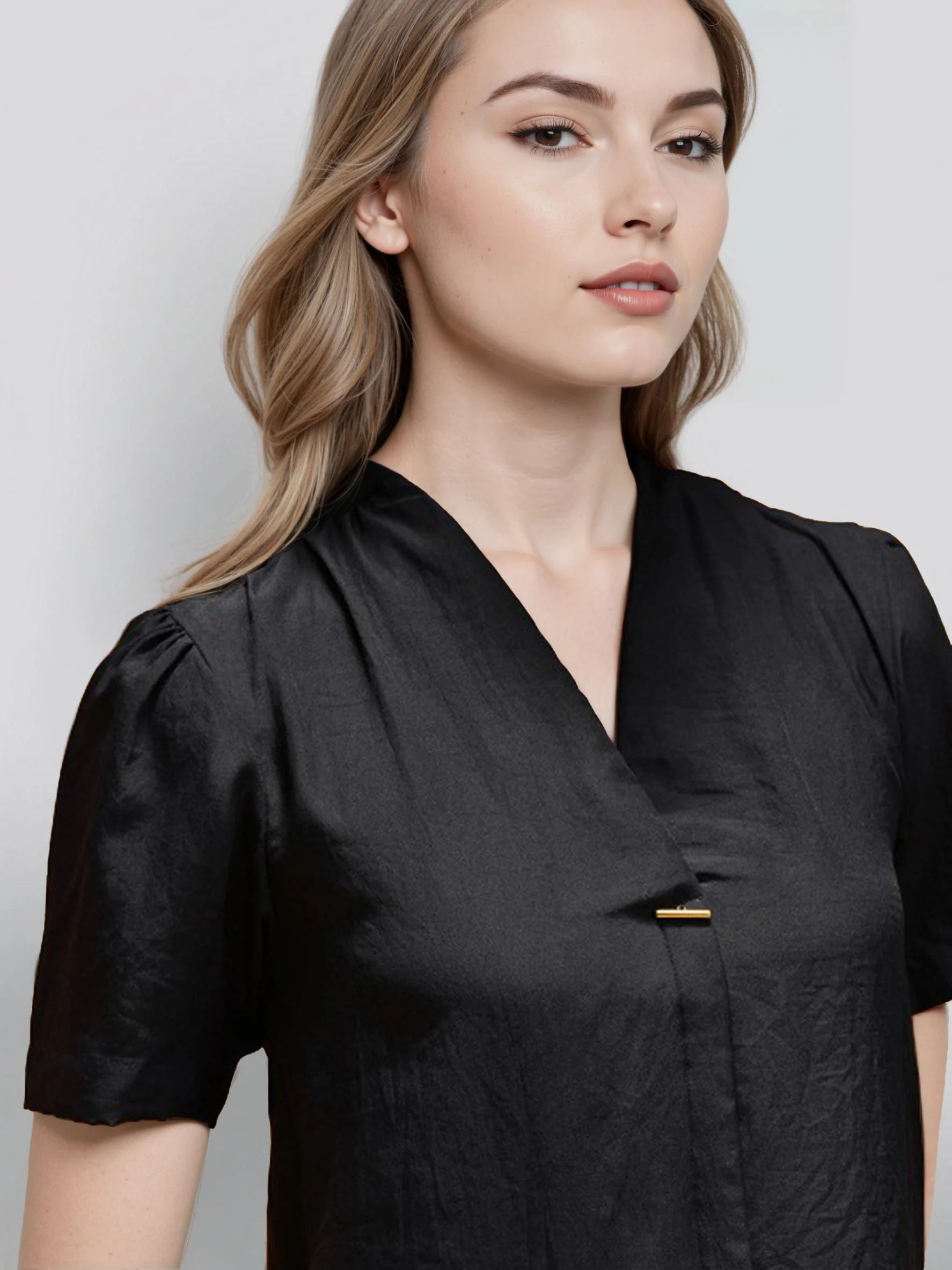 Rosah Women Black V-Neck Dyed Smart Casual Top-RSTPPDSTDY-01