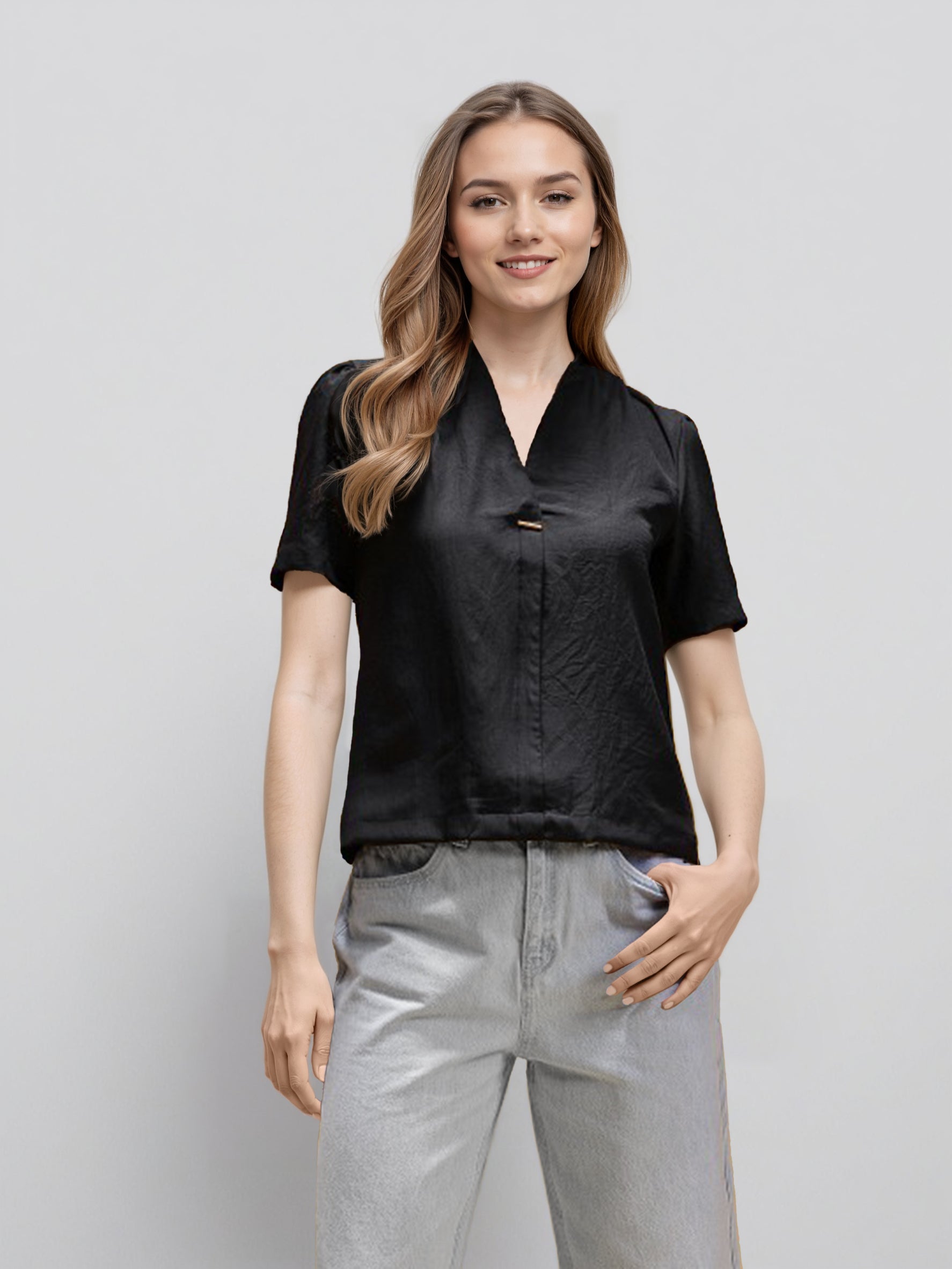 Rosah Women Black V-Neck Dyed Smart Casual Top-RSTPPDSTDY-01