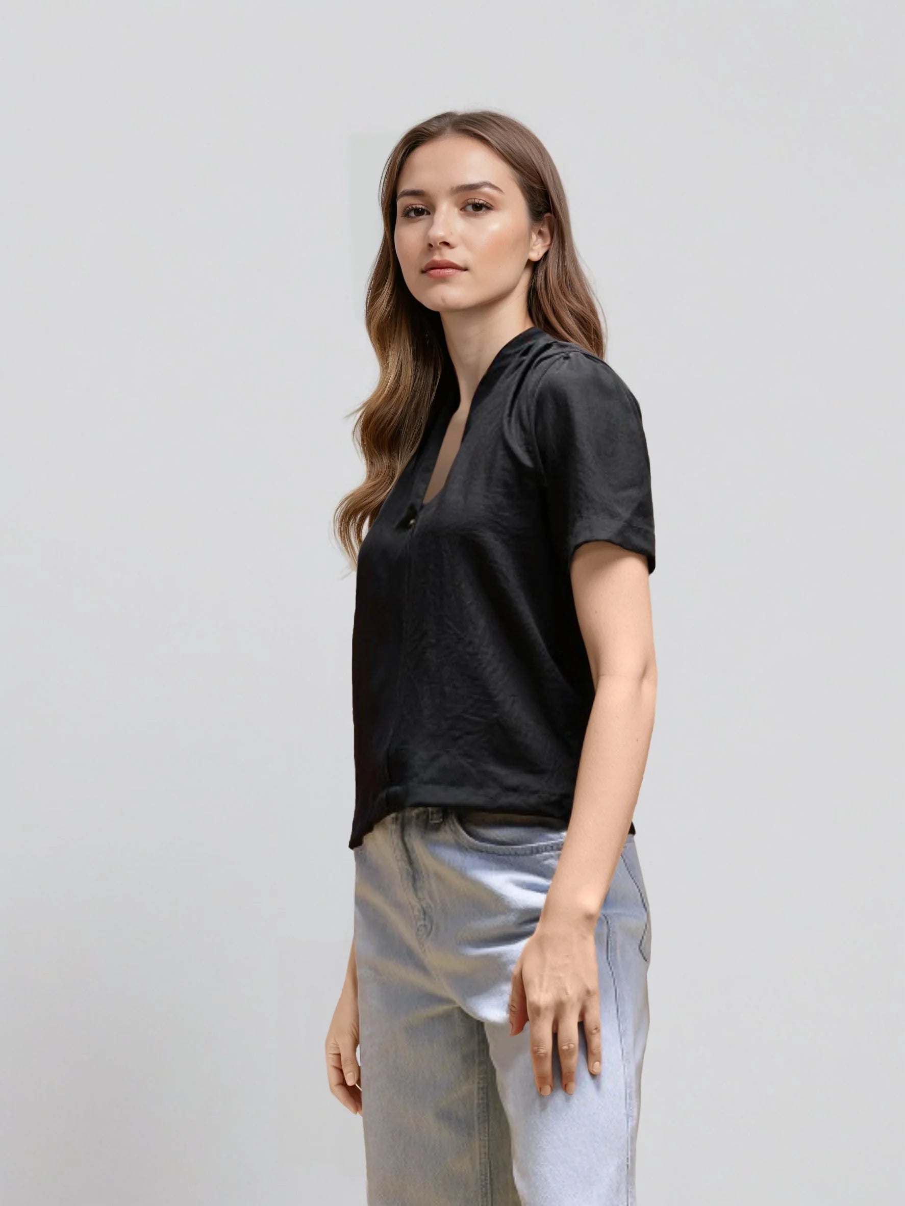 Rosah Women Black V-Neck Dyed Smart Casual Top-RSTPPDSTDY-01