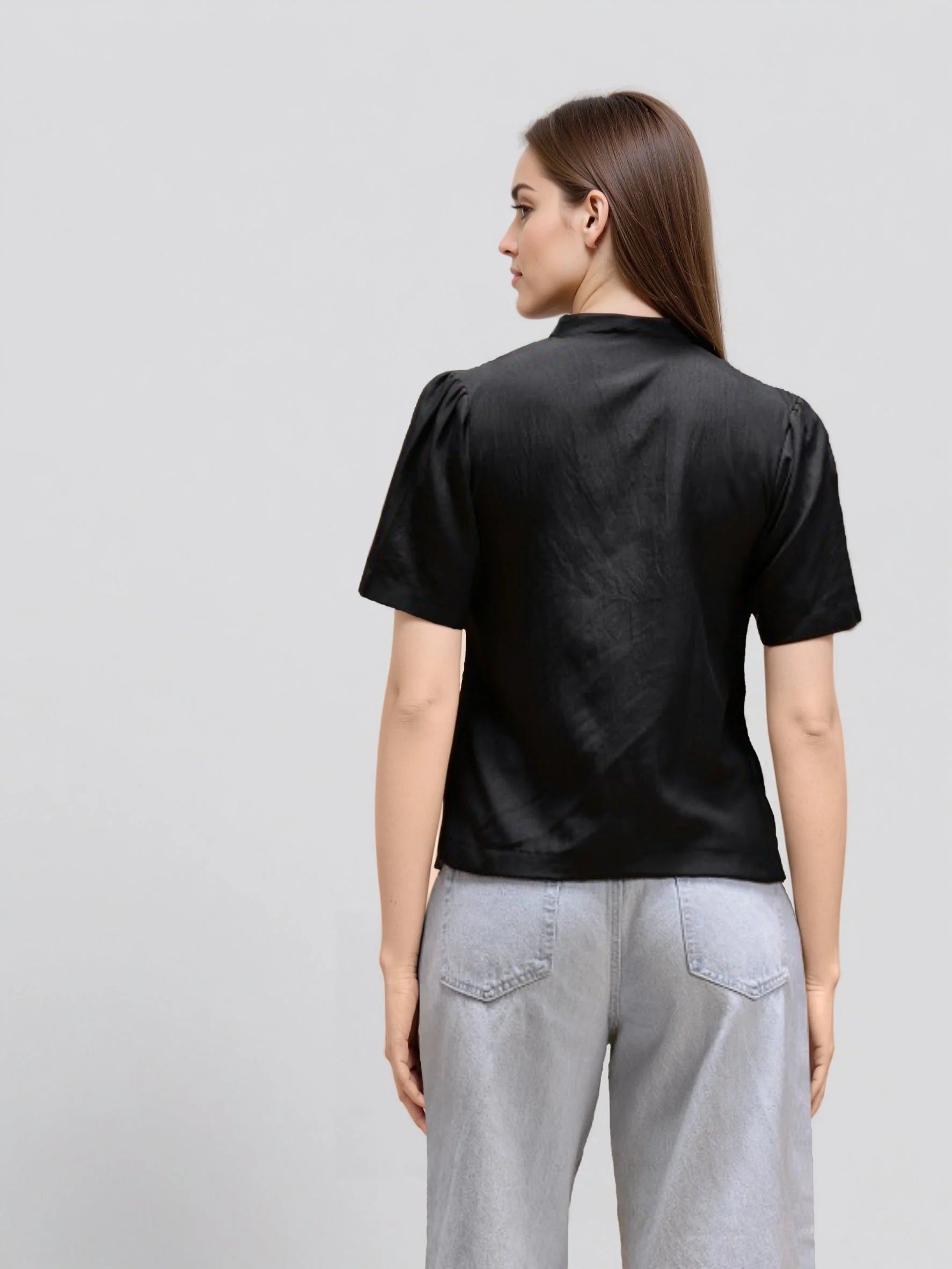 Rosah Women Black V-Neck Dyed Smart Casual Top-RSTPPDSTDY-01