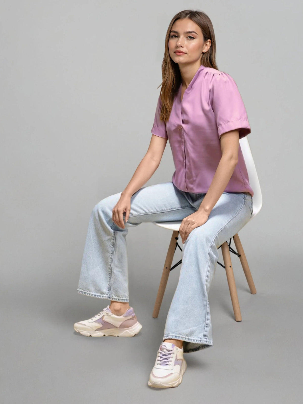 Rosah Women Pink V-Neck Dyed Smart Casual Top-RSTPPDSTDY-02