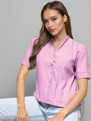 Rosah Women Pink V-Neck Dyed Smart Casual Top-RSTPPDSTDY-02
