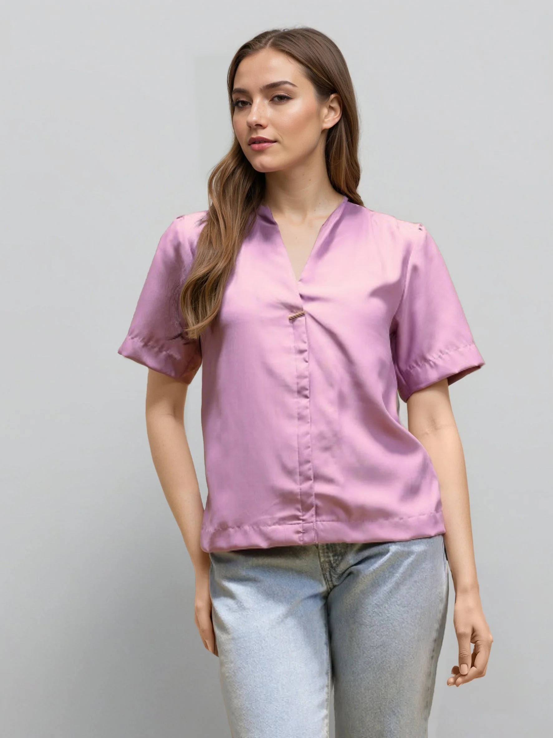 Rosah Women Pink V-Neck Dyed Smart Casual Top-RSTPPDSTDY-02