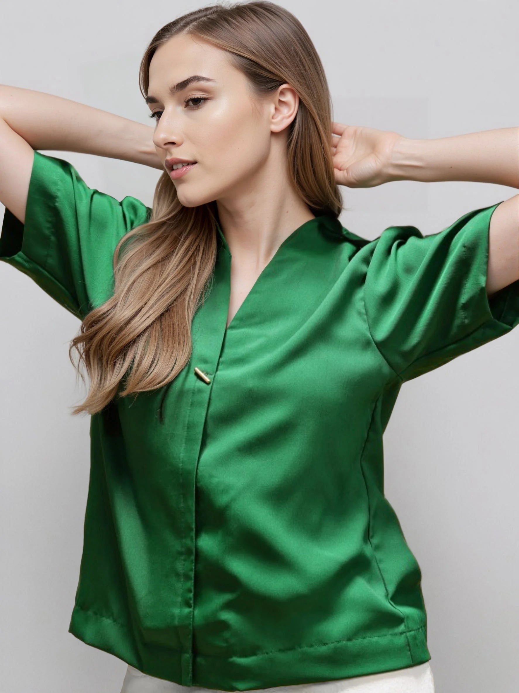 Rosah Women Green V-Neck Dyed Smart Casual Top-RSTPPDSTDY-03