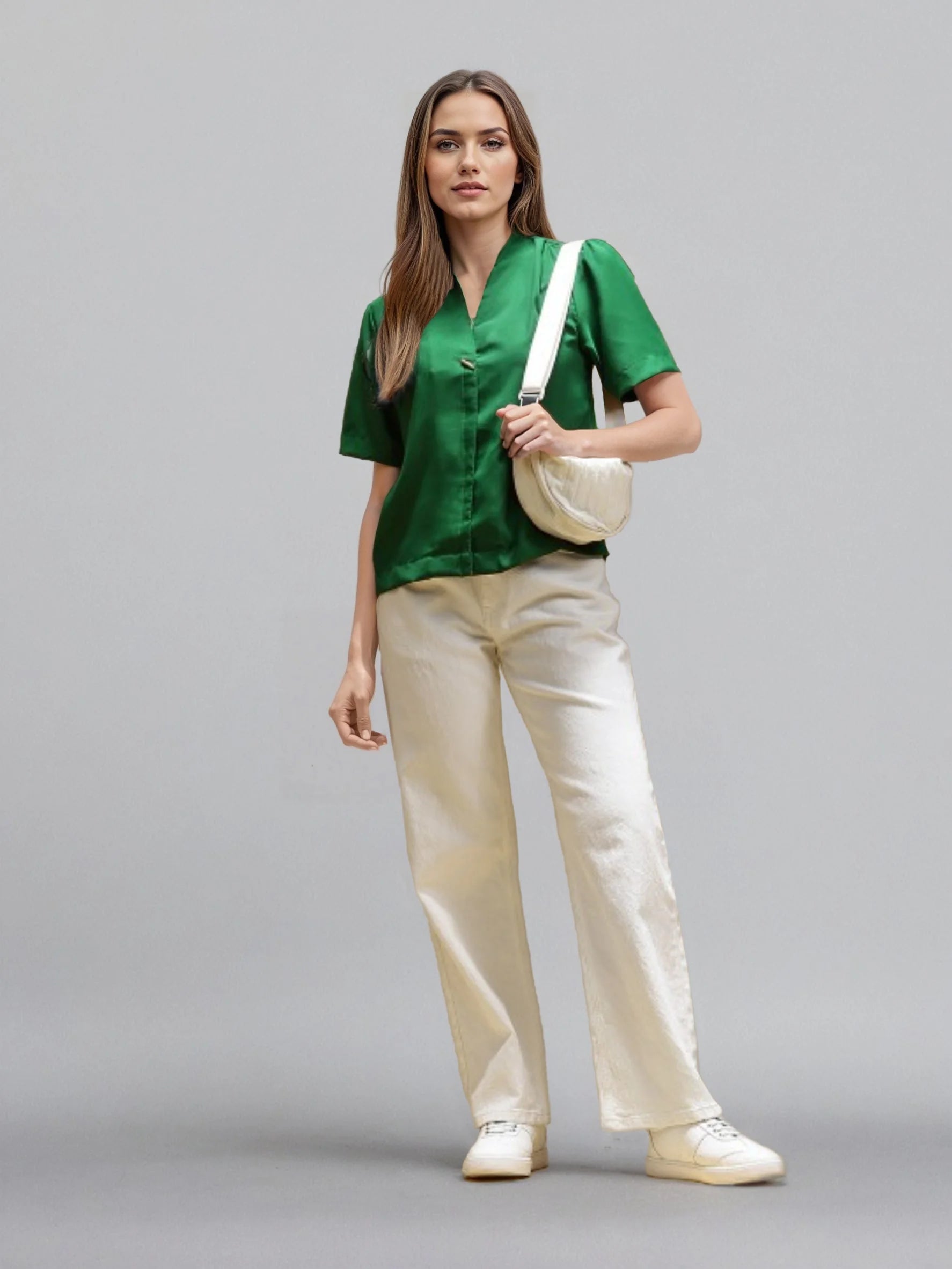 Rosah Women Green V-Neck Dyed Smart Casual Top-RSTPPDSTDY-03