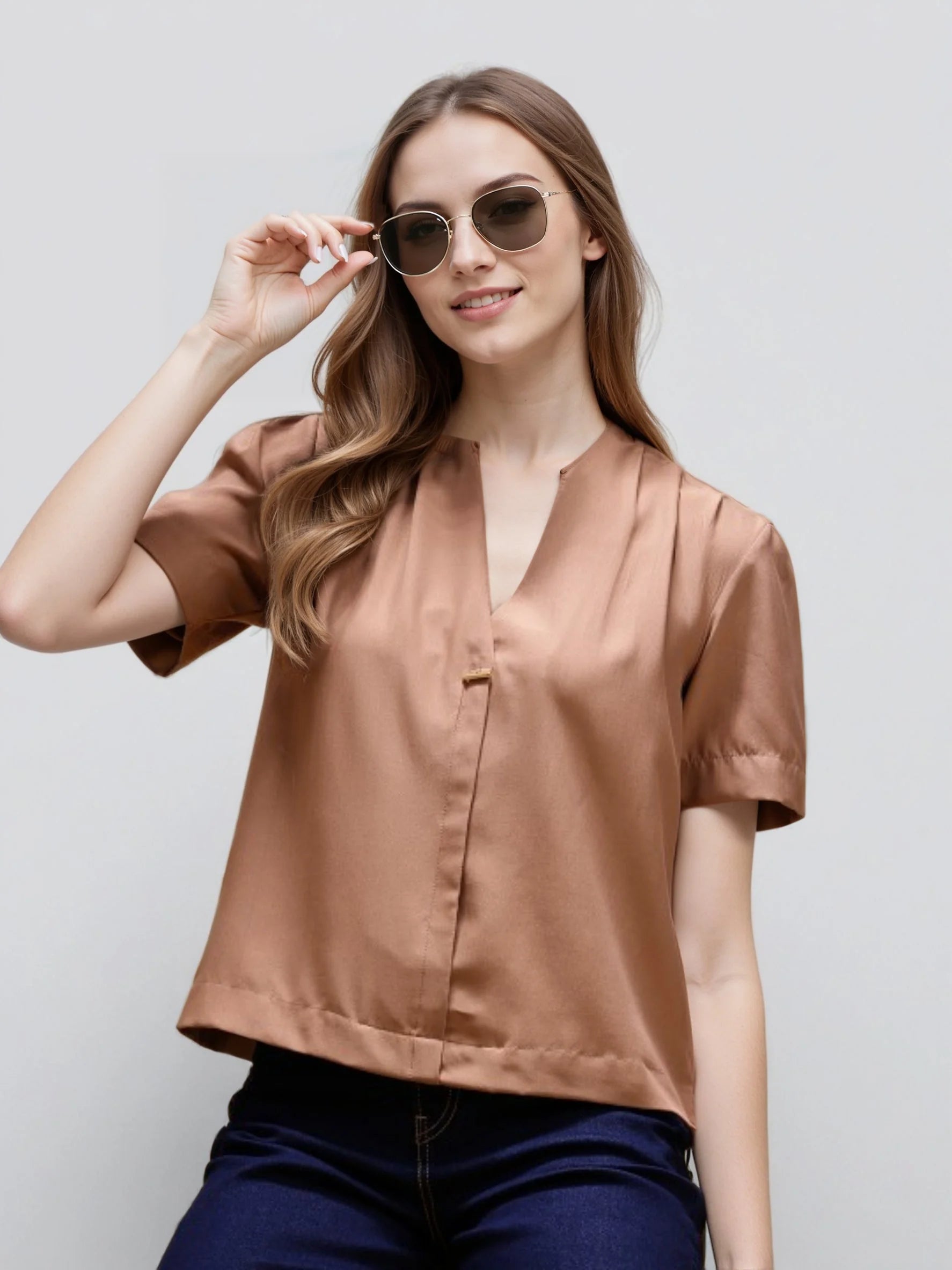 Rosah Women Brown V-Neck Dyed Smart Casual Top-RSTPPDSTDY-04