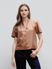 Rosah Women Brown V-Neck Dyed Smart Casual Top-RSTPPDSTDY-04