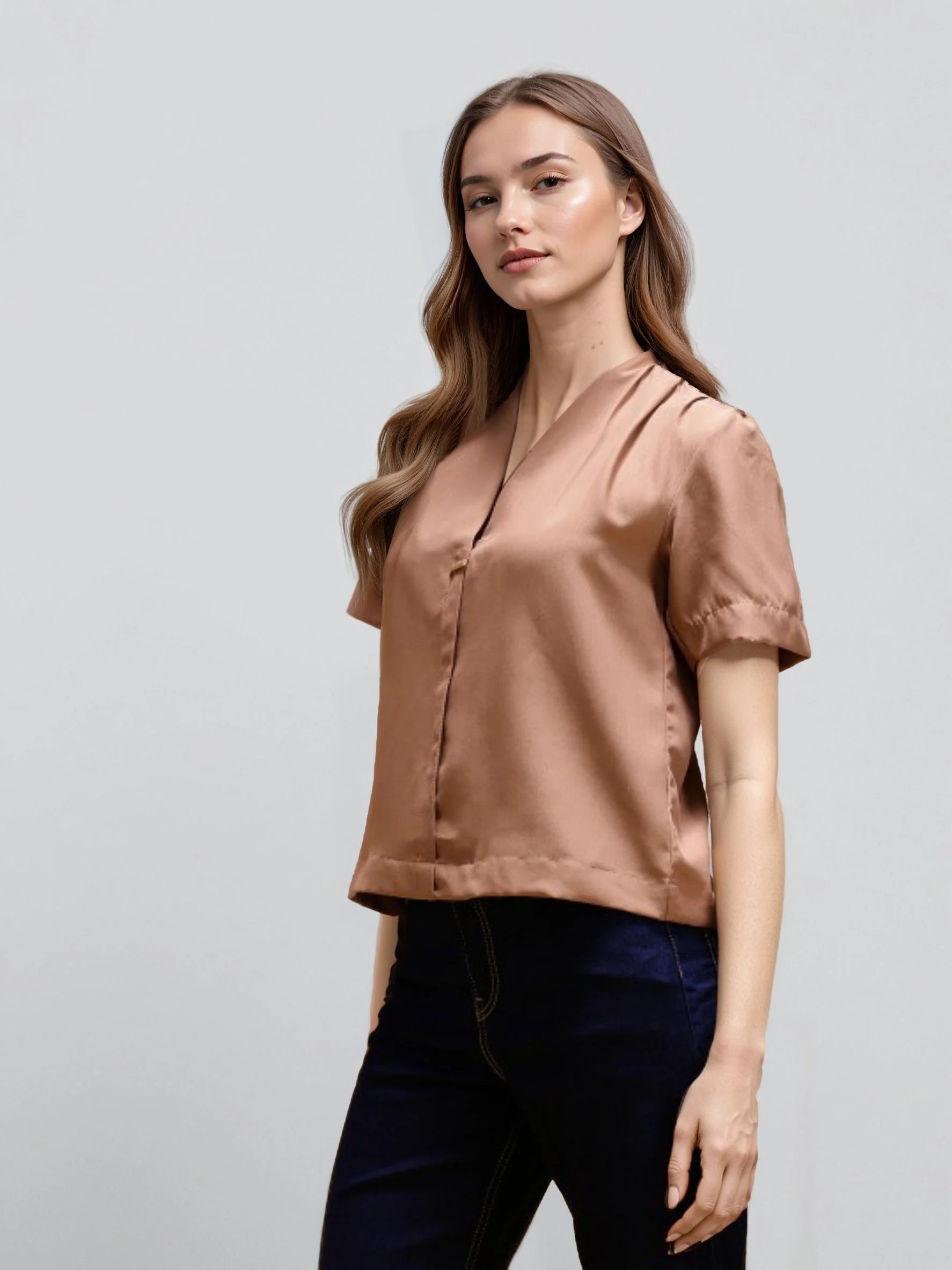 Rosah Women Brown V-Neck Dyed Smart Casual Top-RSTPPDSTDY-04