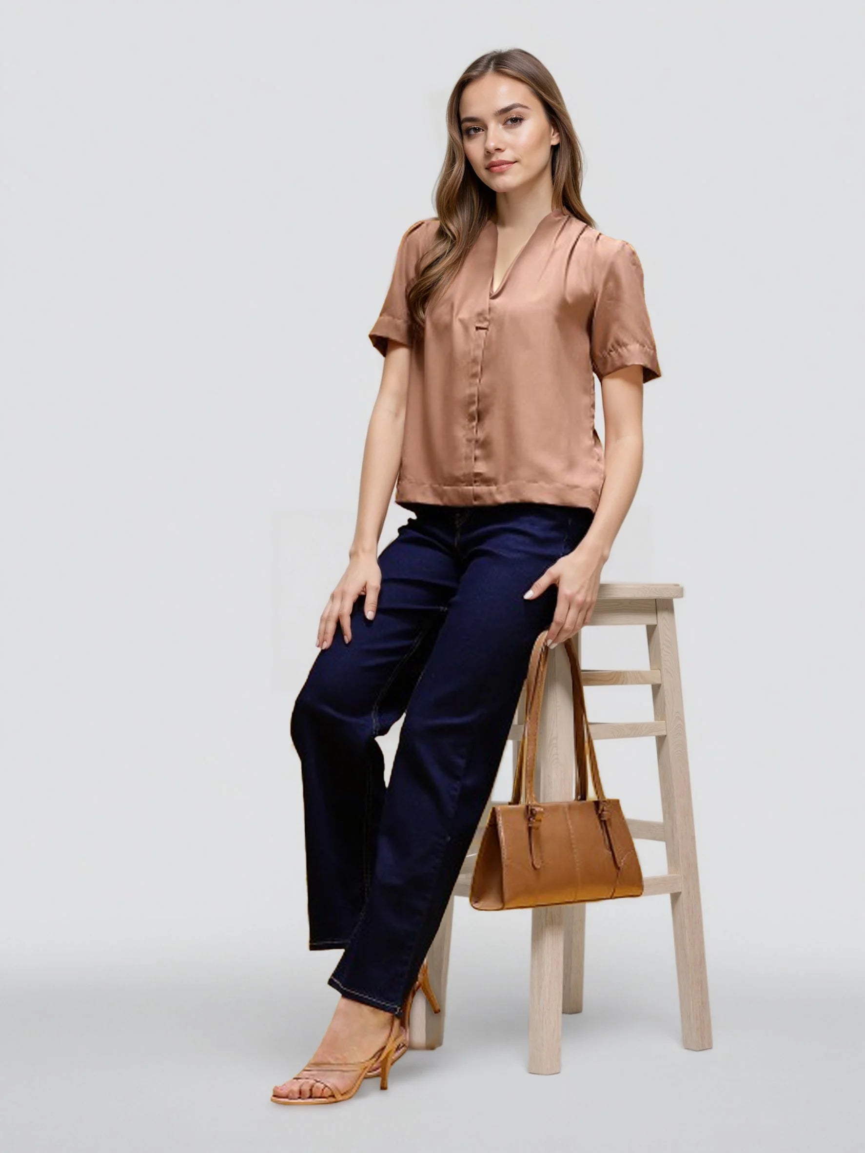 Rosah Women Brown V-Neck Dyed Smart Casual Top-RSTPPDSTDY-04
