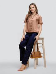 Rosah Women Brown V-Neck Dyed Smart Casual Top-RSTPPDSTDY-04