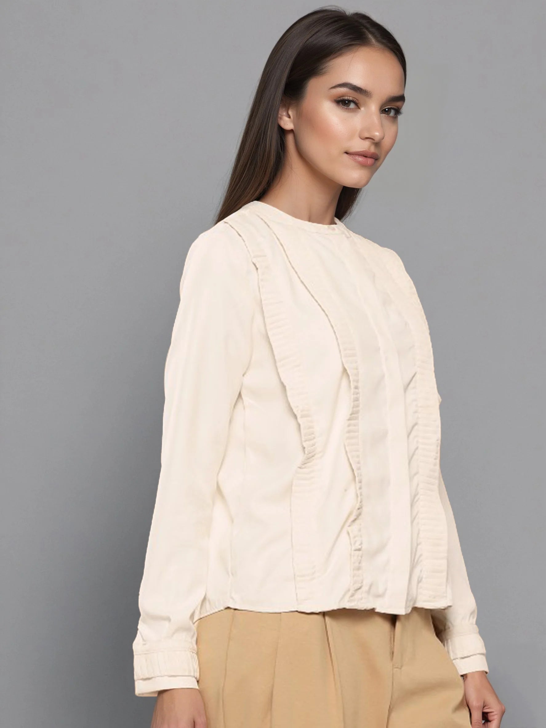 Rosah Women Off White Mandarin Collar Dyed Smart Casual Top-RSTPRPDY-09