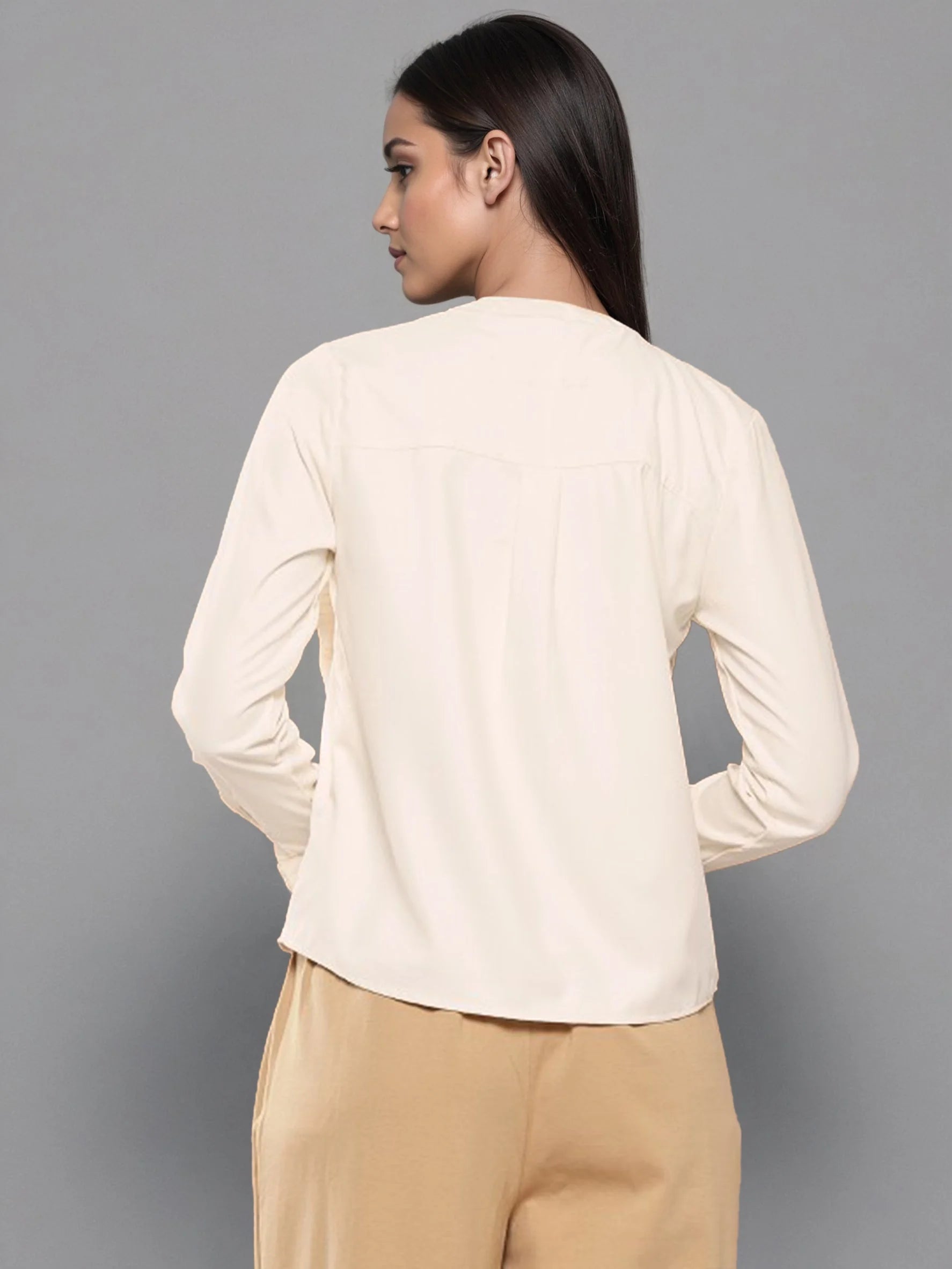 Rosah Women Off White Mandarin Collar Dyed Smart Casual Top-RSTPRPDY-09