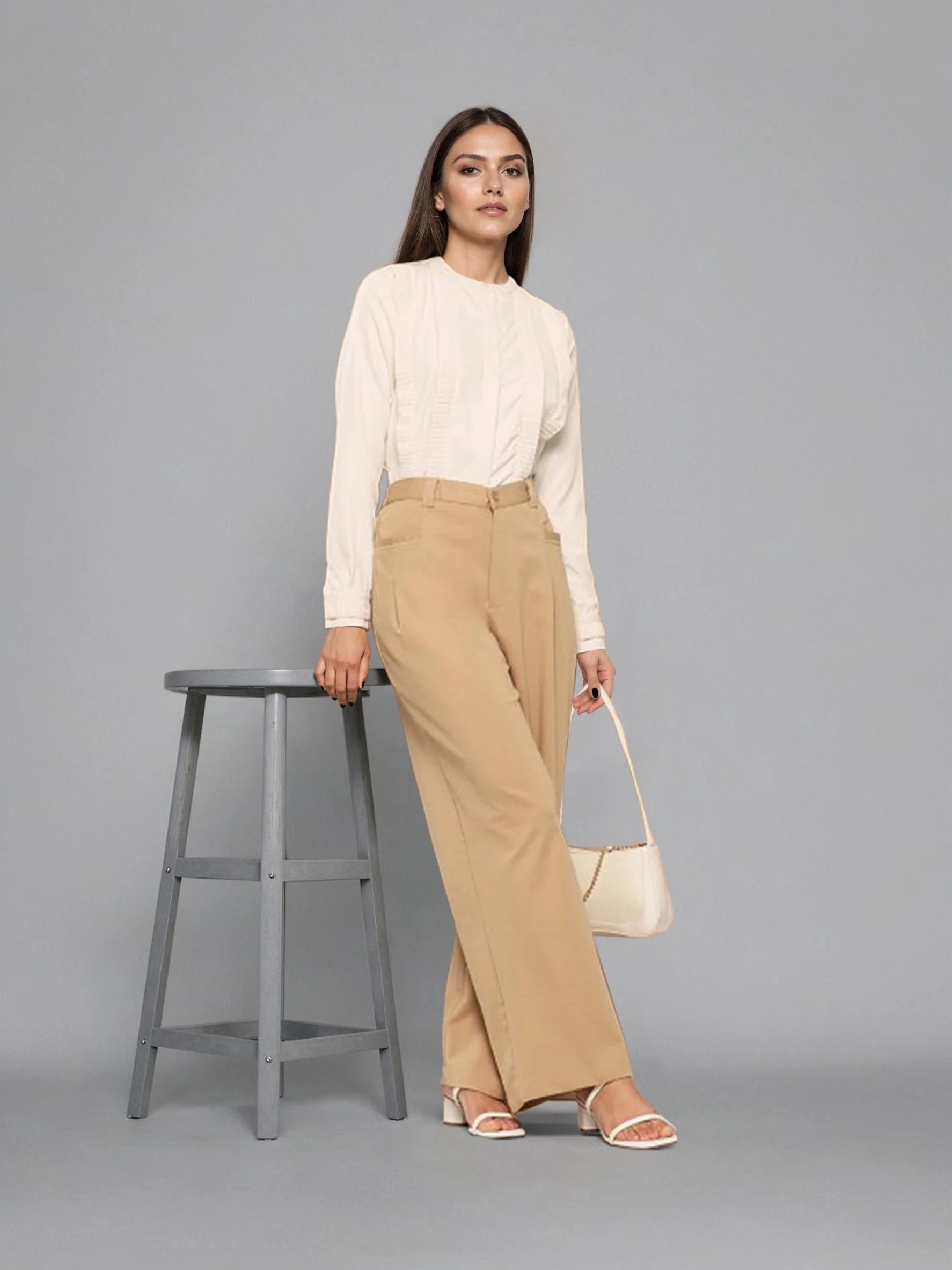 Rosah Women Off White Mandarin Collar Dyed Smart Casual Top-RSTPRPDY-09