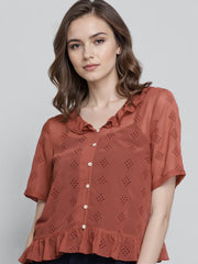 Rosah Women Rust Shirt Collar Dyed Smart Casual Top-RSTPRTDY-08