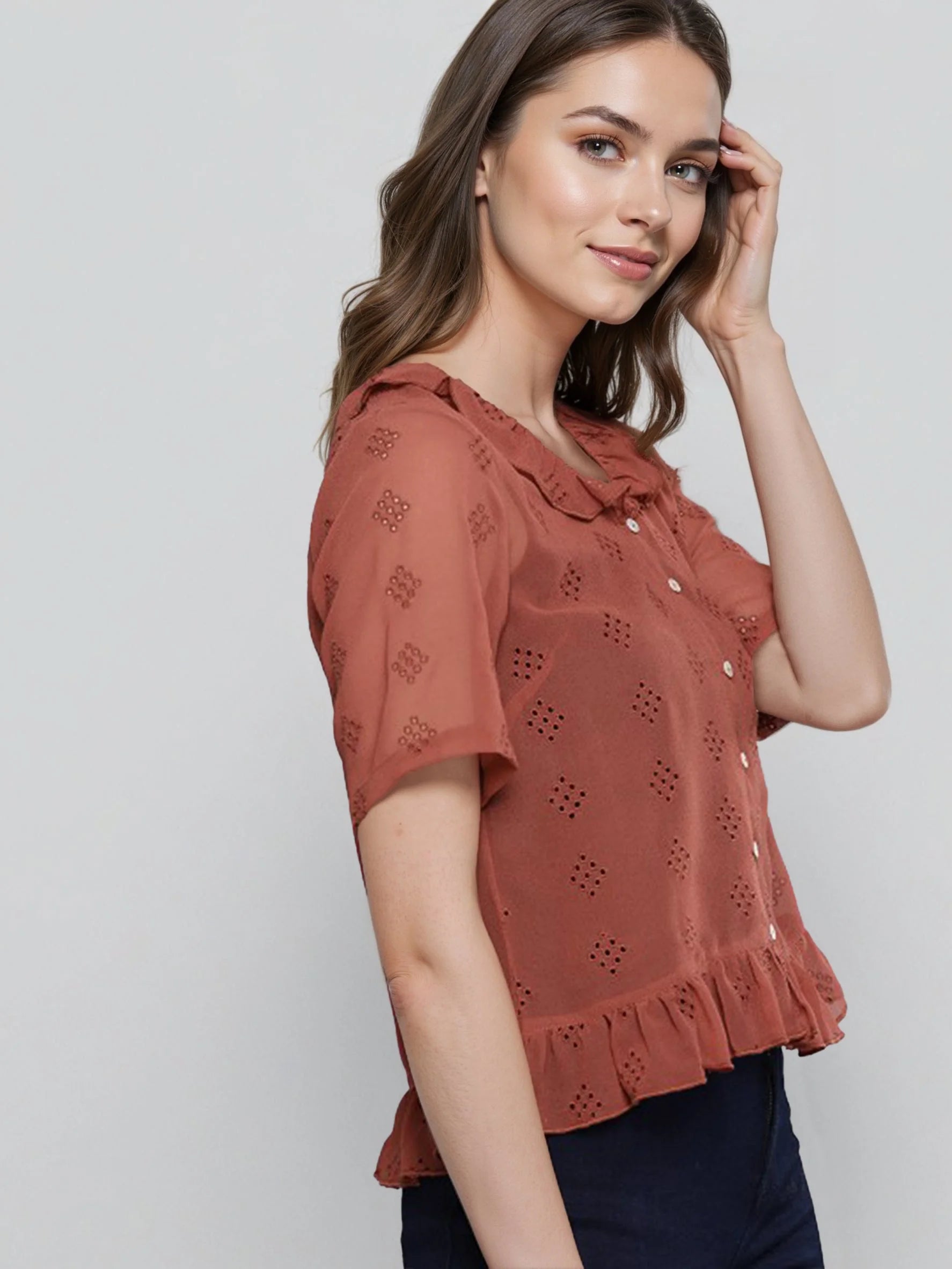 Rosah Women Rust Shirt Collar Dyed Smart Casual Top-RSTPRTDY-08