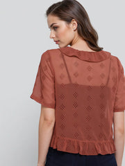 Rosah Women Rust Shirt Collar Dyed Smart Casual Top-RSTPRTDY-08