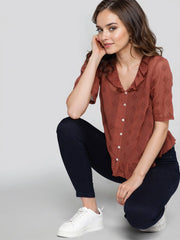 Rosah Women Rust Shirt Collar Dyed Smart Casual Top-RSTPRTDY-08