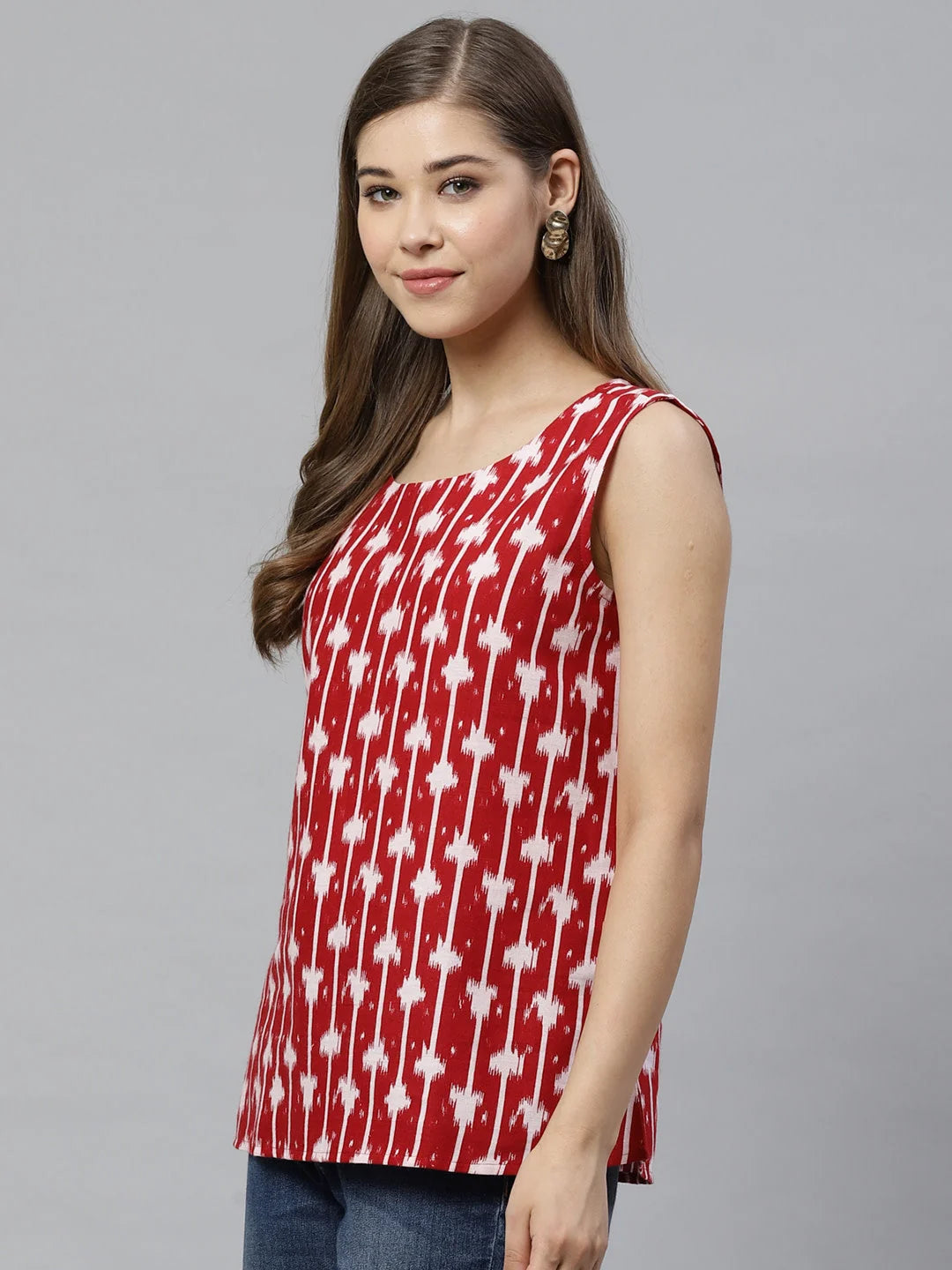 Red & White Printed Cotton Top - Tunic Tops for Women Online