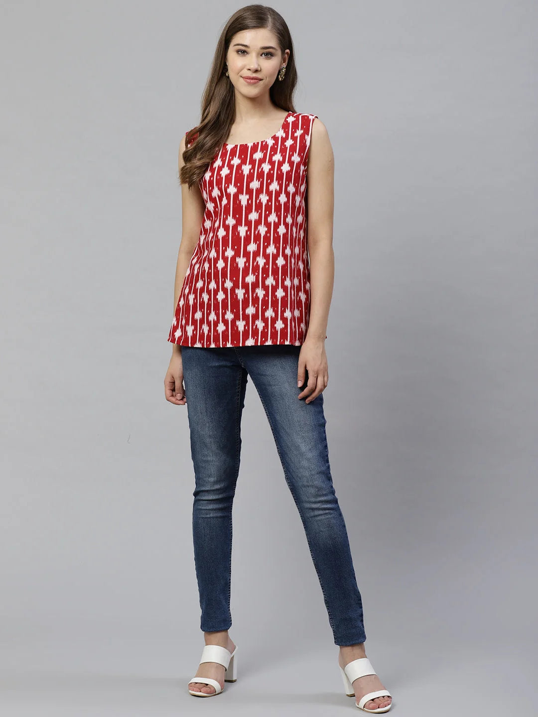 Red & White Printed Cotton Top - Tunic Tops for Women Online