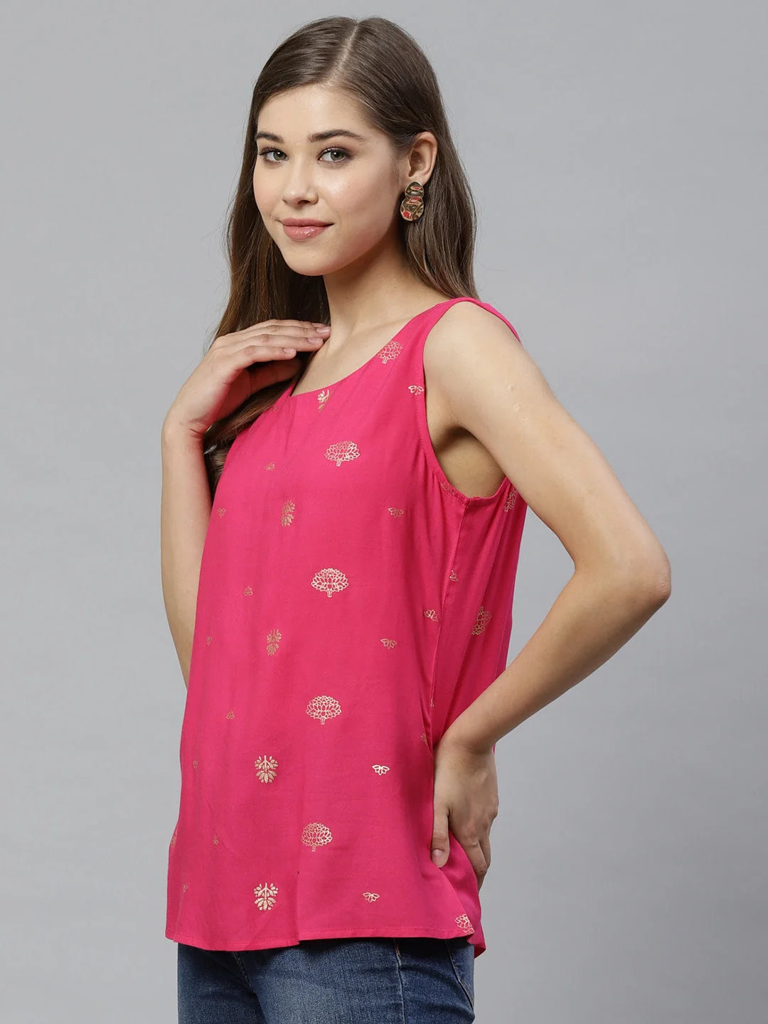 Pink & Gold Printed Tunic Top | Women's Indian Kurta Ladies