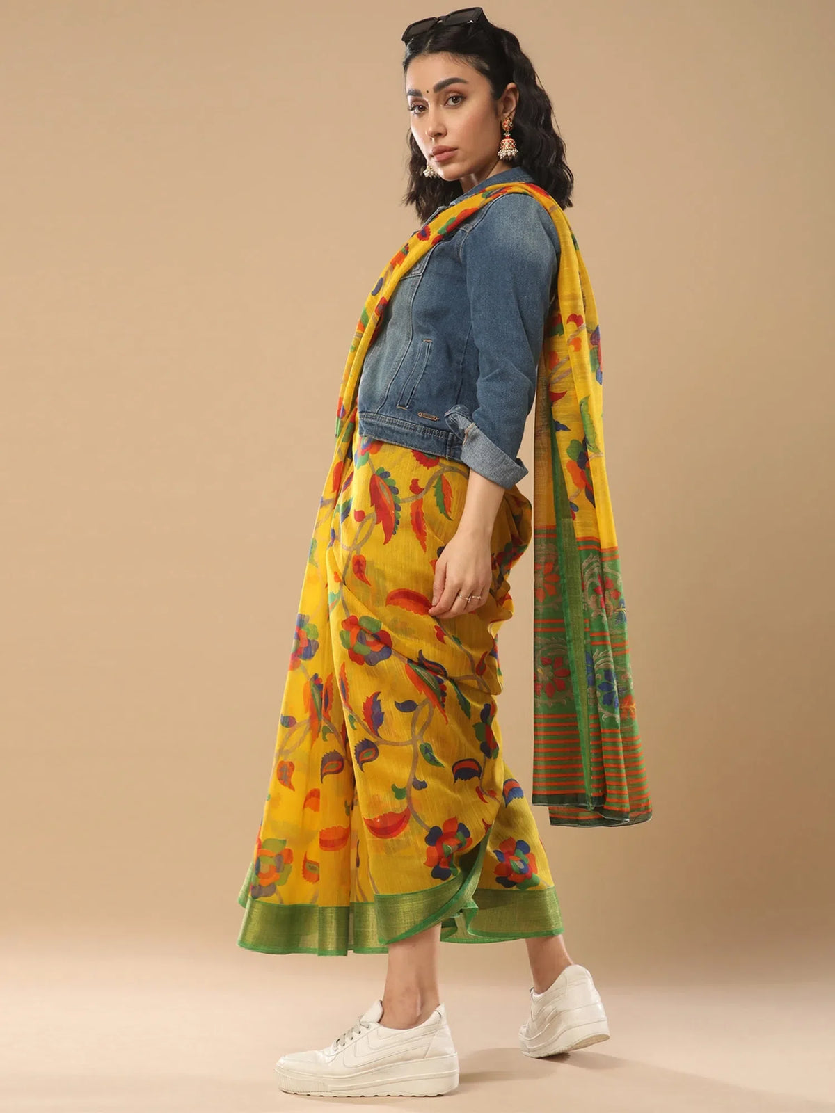 Women's Cotton  Mustard Printed Celebrity Saree With Blouse Piece-RTVK8604