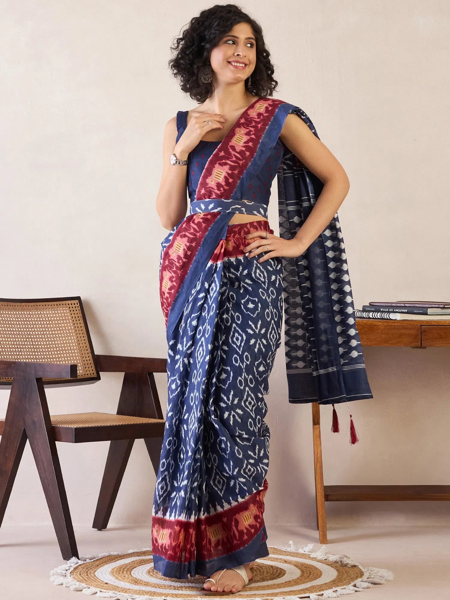 Navy Blue Cotton Ready To Wear Saree | Indian Sarees