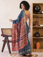 Women's Cotton Navy Blue Printed Ready To Wear With Blouse Piece-RTWMINAXI7401