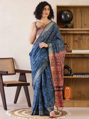 Women's Cotton Navy Blue Printed Ready To Wear With Blouse Piece-RTWMINAXI7401