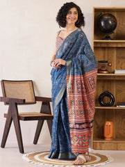 Women's Cotton Navy Blue Printed Ready To Wear With Blouse Piece-RTWMINAXI7401