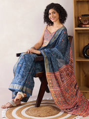 Women's Cotton Navy Blue Printed Ready To Wear With Blouse Piece-RTWMINAXI7401