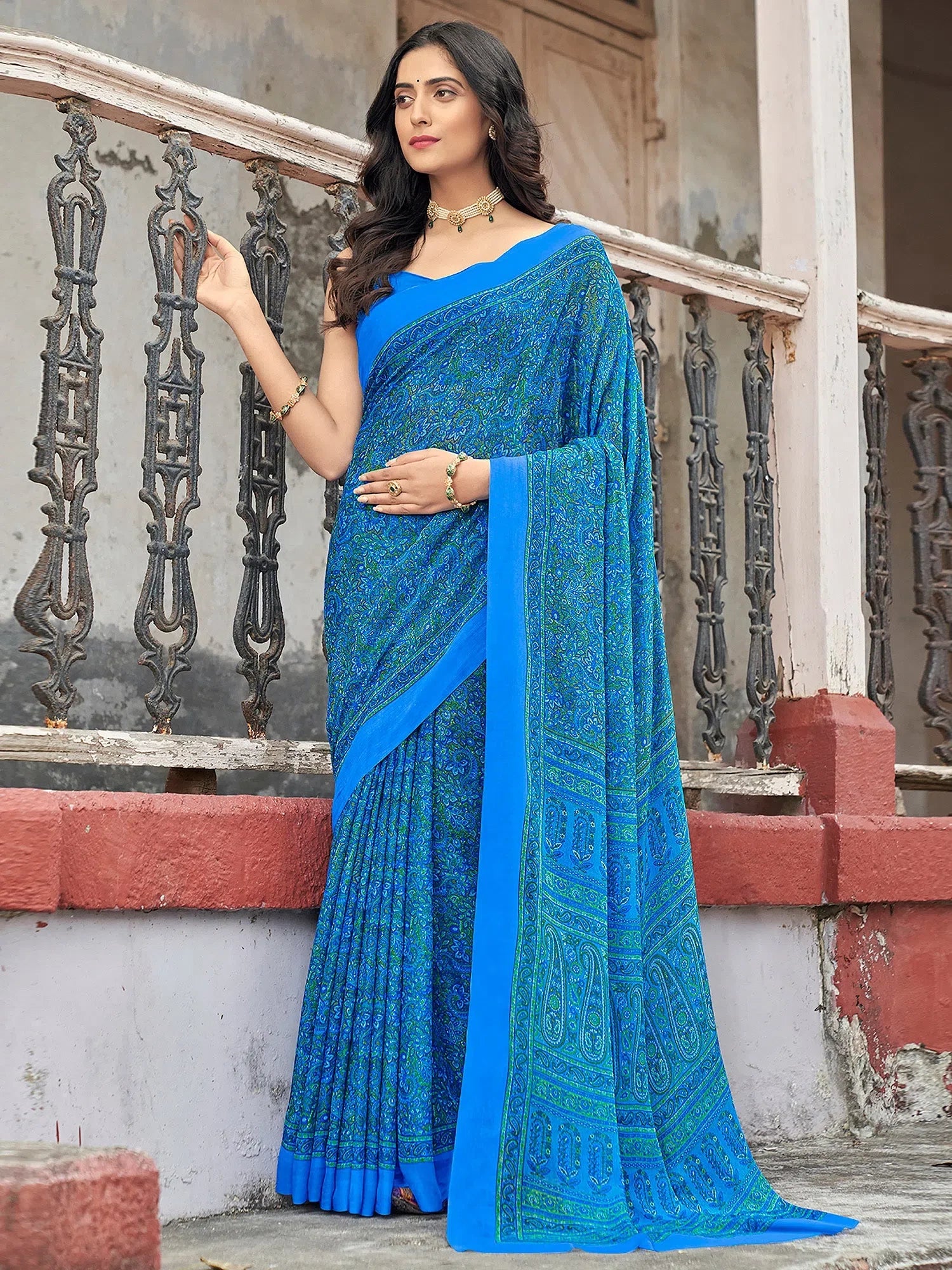 Blue Printed Designer Saree | Indian Sari Collection