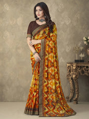 Women's Chiffon Yellow Embellished Designer Saree With Blouse Piece-RUCHI24003B