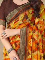 Women's Chiffon Yellow Embellished Designer Saree With Blouse Piece-RUCHI24003B