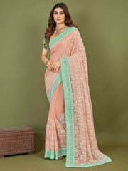 Women's Chiffon Rose Gold Embroidered Designer Saree With Blouse Piece-RUKMANI1006