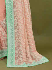 Women's Chiffon Rose Gold Embroidered Designer Saree With Blouse Piece-RUKMANI1006