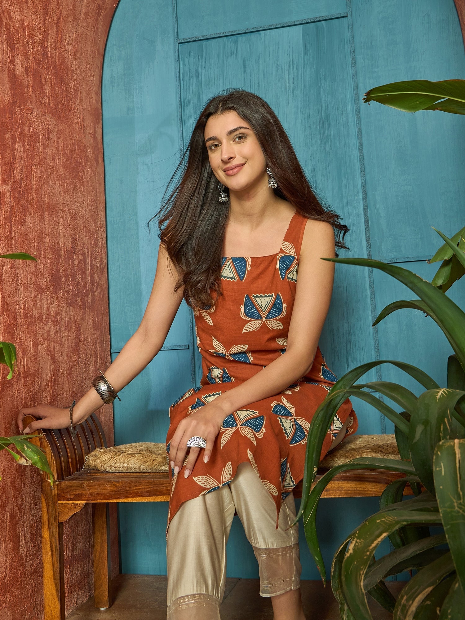 Women's Rust Block Printed Cotton Straight Kurta (RUSTLETTUCE) | DesiQ