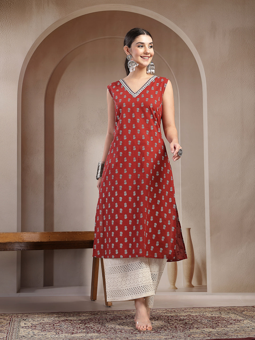 Stylum Women's Rust Buti Printed Cotton Straight Kurta (RUSTNODI)