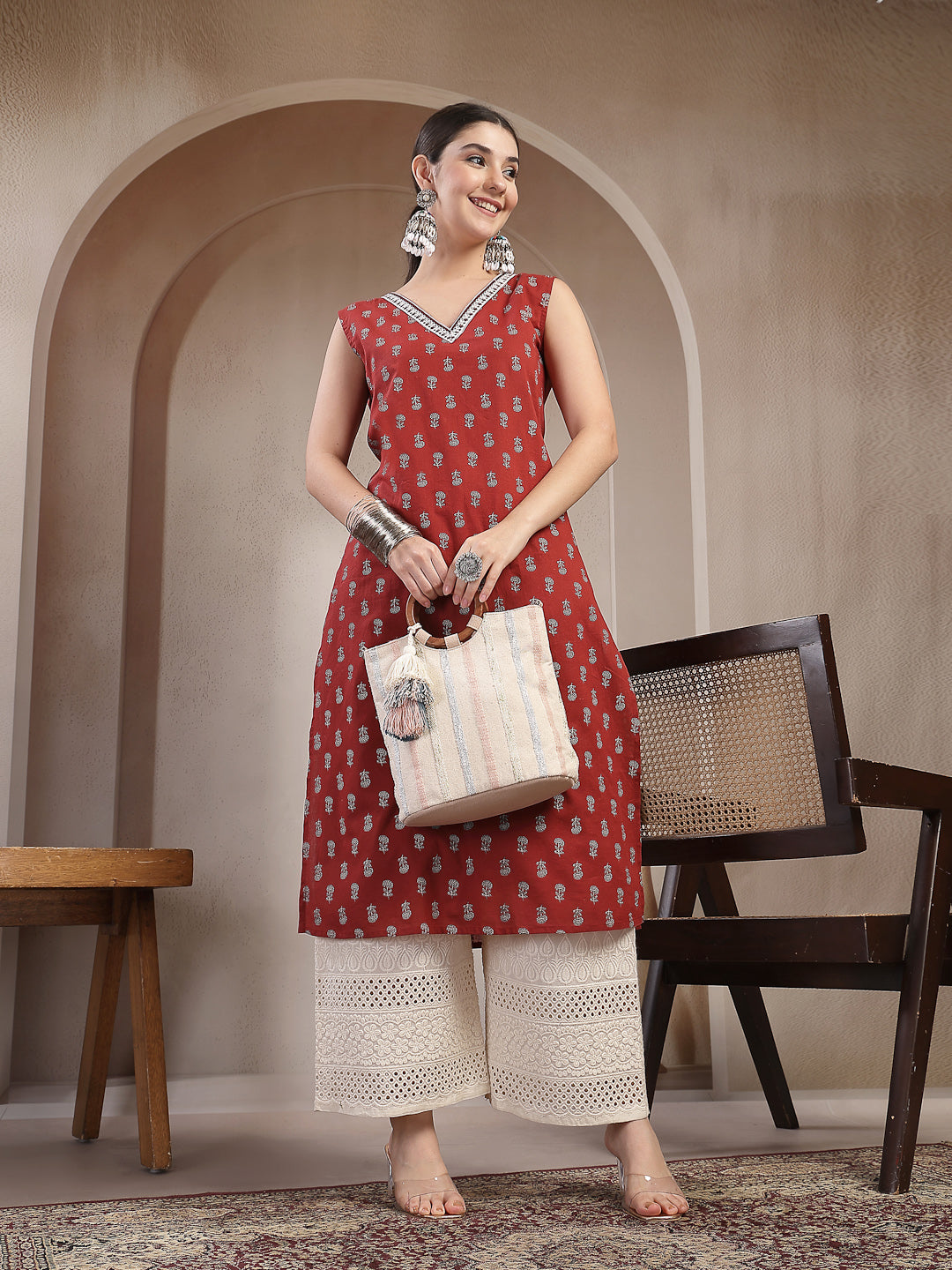 Stylum Women's Rust Buti Printed Cotton Straight Kurta (RUSTNODI)