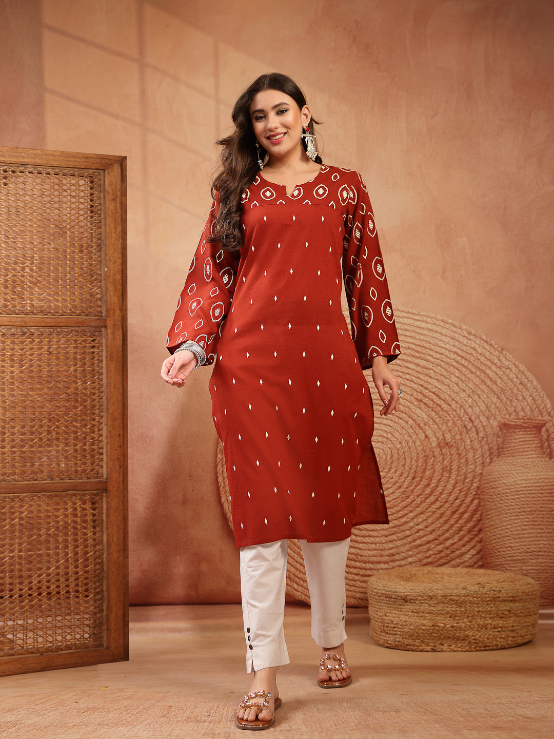 Women's Rust Ethnic Printed Cotton Straight Kurta (RUSTREGAL) | DesiQl
